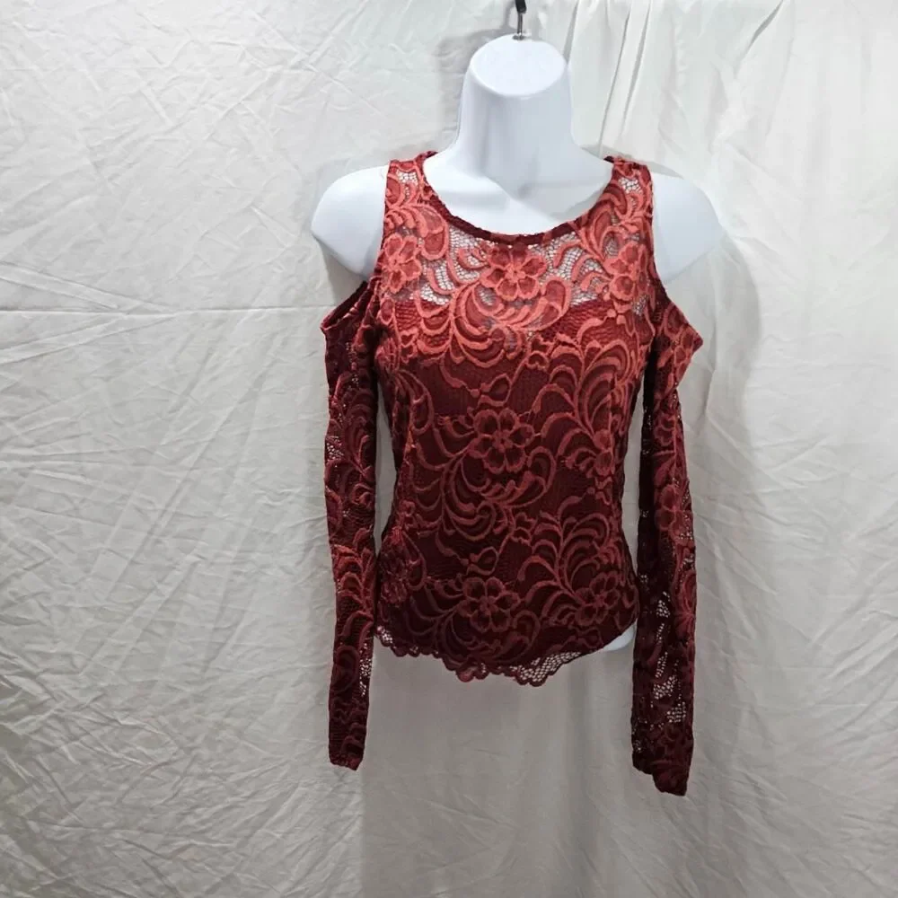 Papaya sienna orange lace cold shoulder top